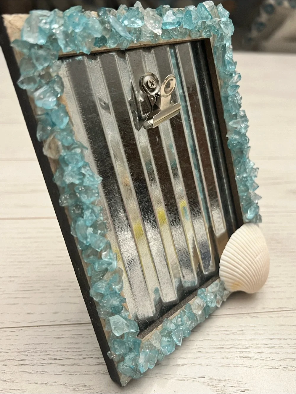 Handmade Sea Glass and Seashell Photo Frame with Clip